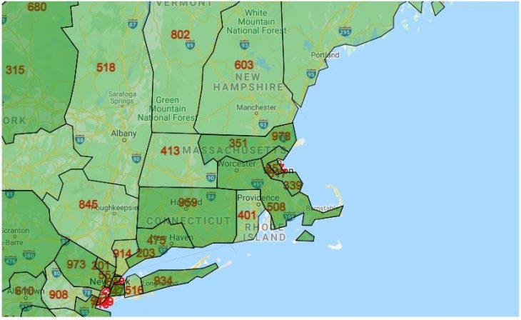 Area Code Map of Massachusetts