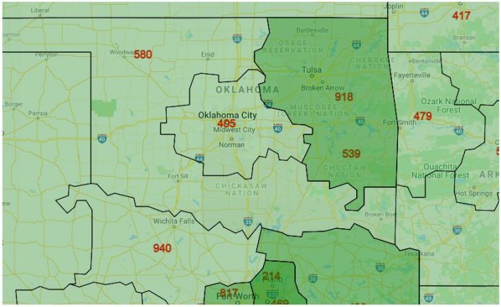 Area Code Map of Oklahoma
