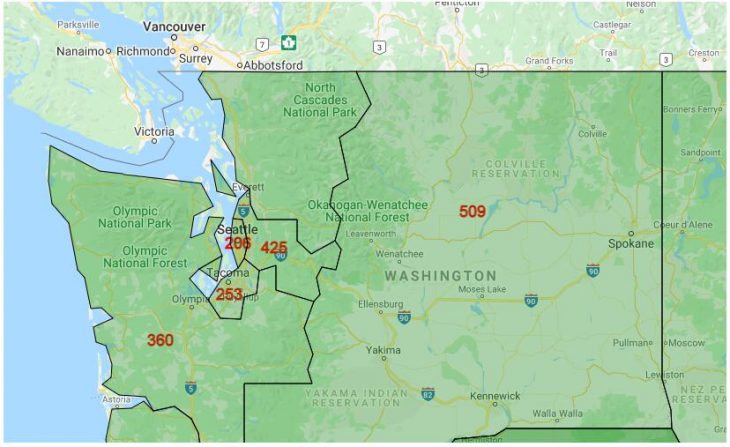 Area Code Map of Washington